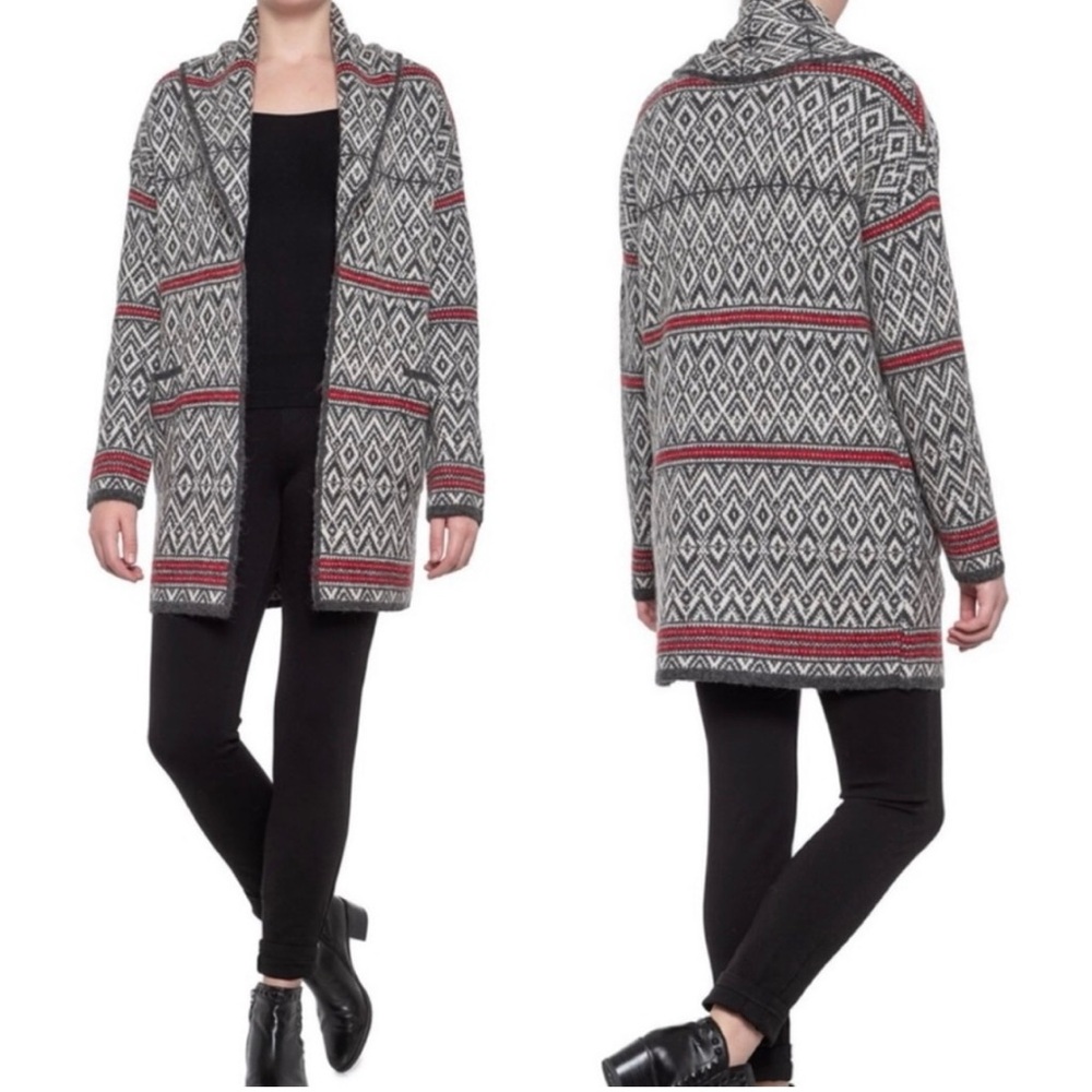 Aspen Cardigan Sweater Womens Size Small Gray Red Nordic Fair Isle Open Front